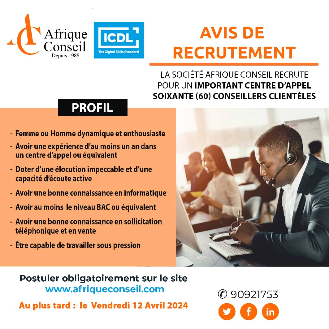 Recrutement de 60 Conseillers Clientèles